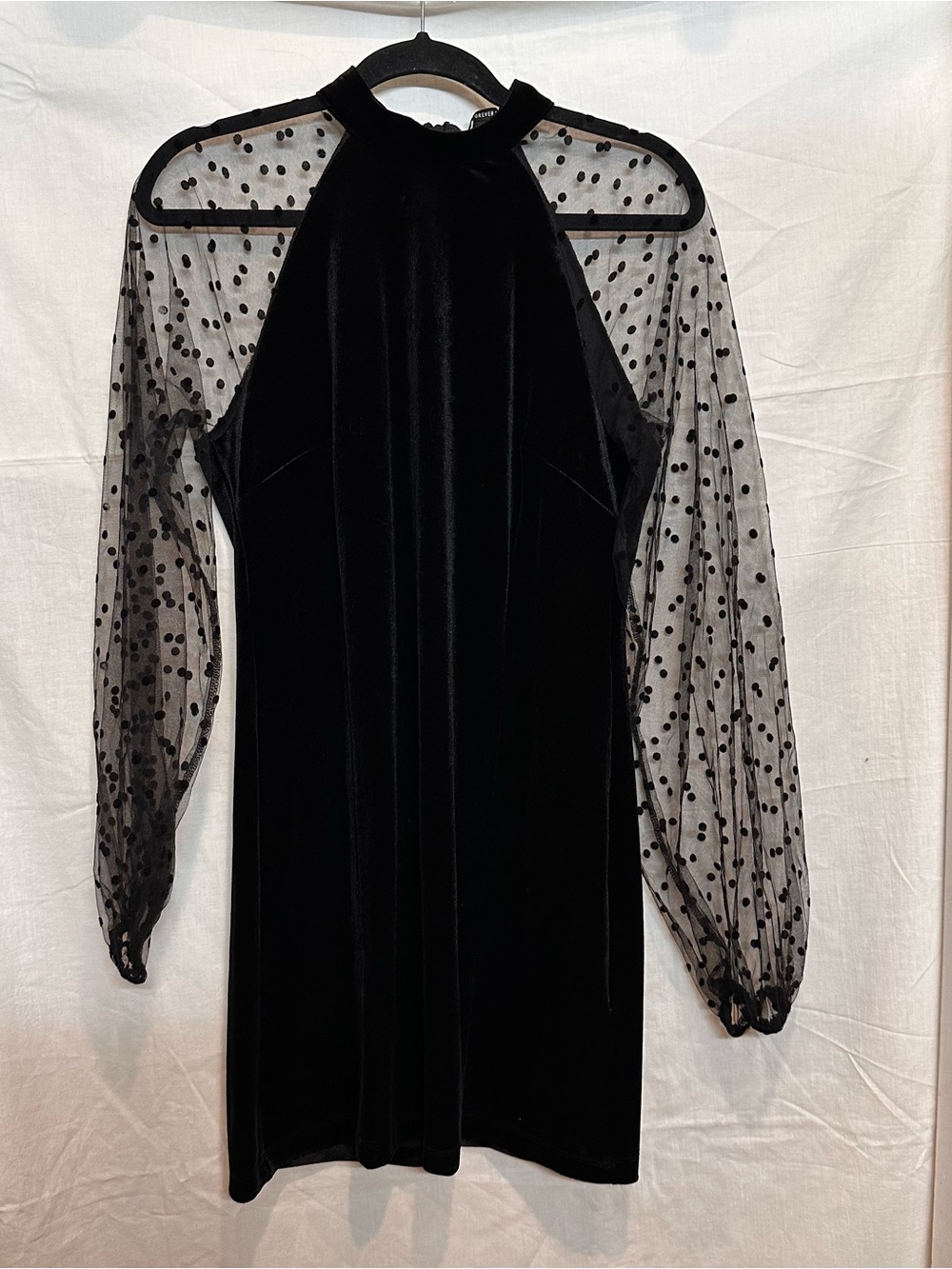 Forever 21 Black Velvet Sheer Swiss Dot Mesh Sleeve Mock Neck Mini Dress